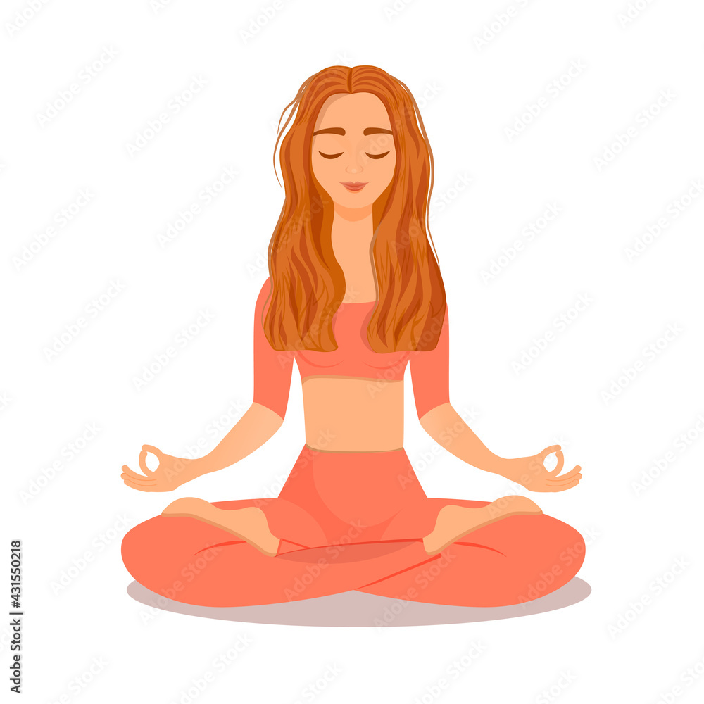 Young red haired girl sitting in lotus pose at home. Vector illustration isolated on white background of the woman doing yoga, meditation, healthy lifestyle. Crossed legs.
