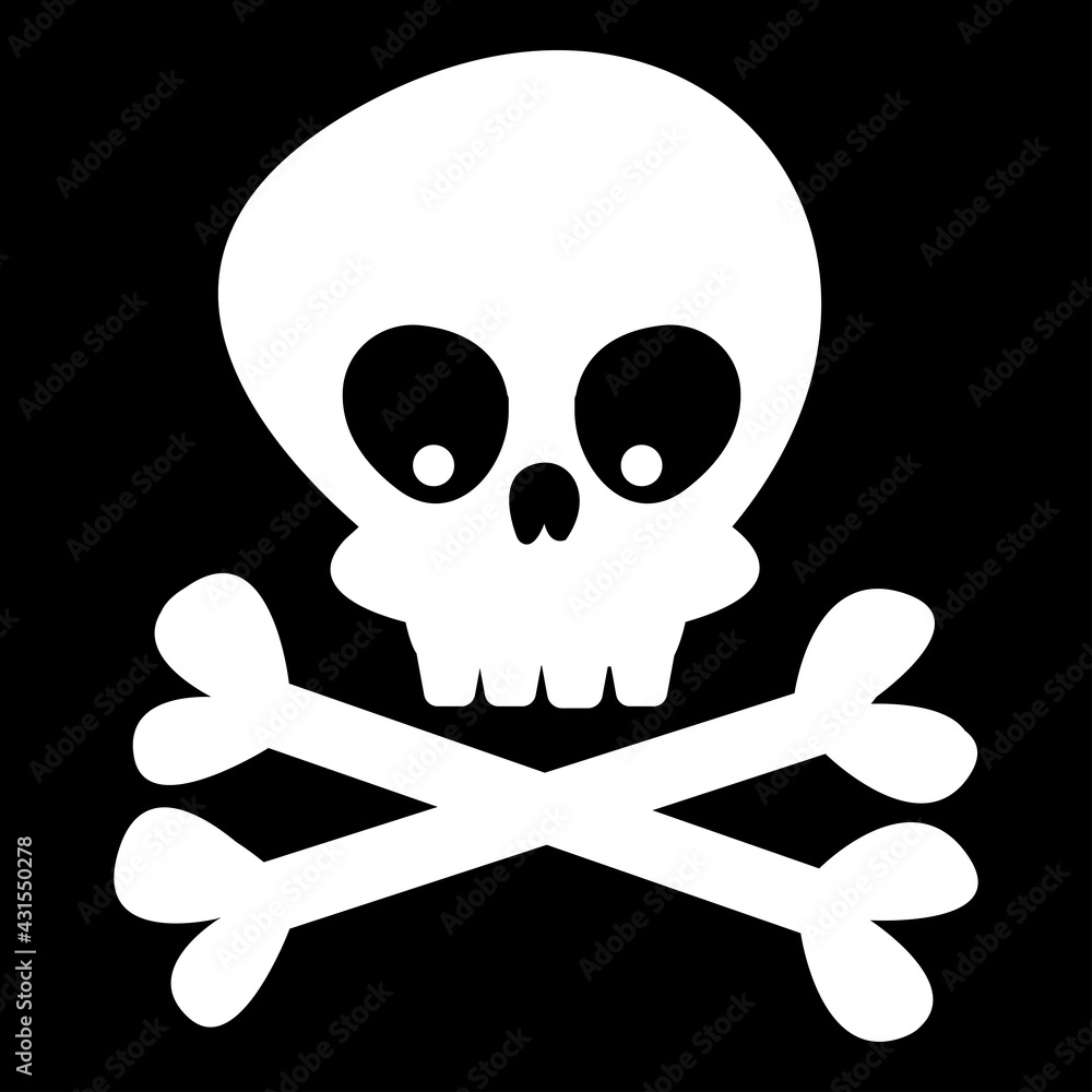 Skull and bones on a black background. Vector illustration in cartoon style. Halloween decor. Mystical art fun Skull and bones on a black background. Vector illustration in cartoon style. Halloween decor. Mystical art fun