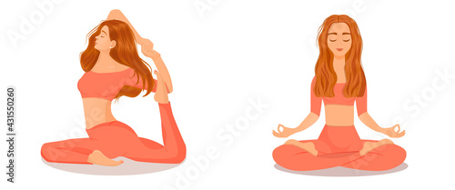 Set of vector illustrations of womens workout. A young red haired girl is engaged in yoga, dance, aerobics, fitness. Collection of female movements and poses on a white background.