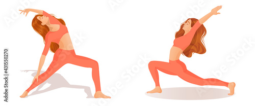 Set of vector illustrations of womens workout. A young red haired girl is engaged in yoga, dance, aerobics, fitness. Collection of female movements and poses on a white background.