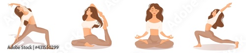 Set of vector illustrations of womens workout. A young brunette girl is engaged in yoga, dance, aerobics, fitness. Collection of female movements and poses on a white background. Pastel colors