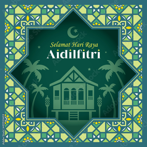 Hari Raya Aidilfitri paper art greeting card. Malay kampung house with modern islamic or arabic pattern design. Geometrical morocco motif background. (translation: Fasting celebration)