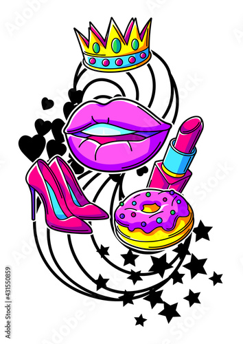 Print with fashion girlish patches. Colorful cute teenage illustration.