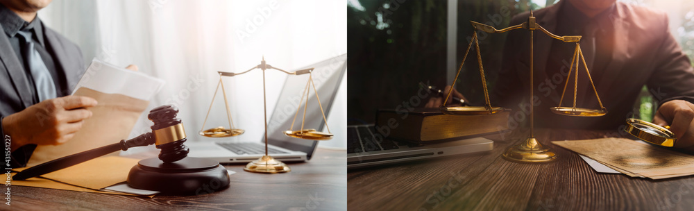 Business and lawyers discussing contract papers with brass scale on desk in office. Law, legal services, advice, justice and law concept picture with film grain effect Business and lawyers discussing contract papers with brass scale on desk in office. Law, legal services, advice, justice and law concept picture with film grain effect