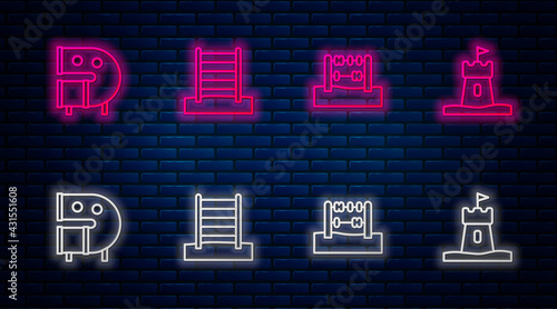 Set line Swedish wall, Abacus, Kid playground slide pipe and Sand tower. Glowing neon icon on brick wall. Vector