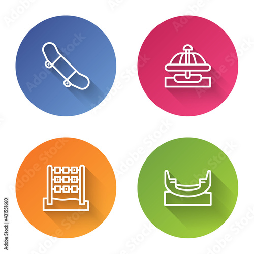 Set line Skateboard trick, Attraction carousel, Tic tac toe game and Boat swing. Color circle button. Vector