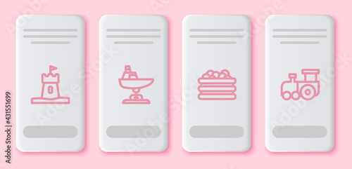Set line Sand tower, Swing boat, Pool with balls and Toy train. White rectangle button. Vector