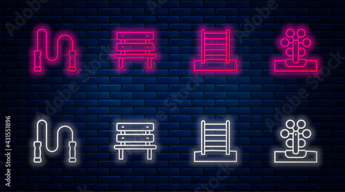 Set line Bench, Swedish wall, Jump rope and Ferris wheel. Glowing neon icon on brick wall. Vector