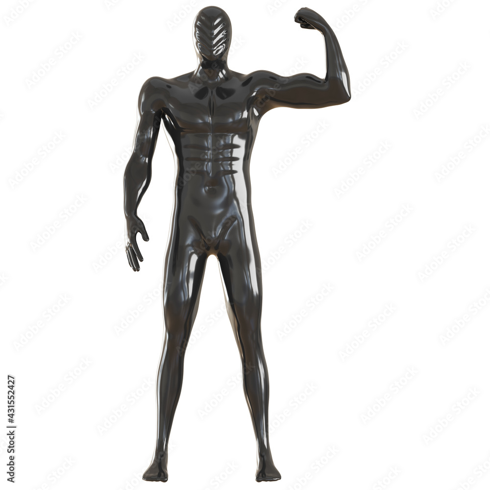 Male black mannequin with patterned face demonstrates biceps on isolated background. 3d rendering. Front view Male black mannequin with patterned face demonstrates biceps on isolated background. 3d rendering. Front view