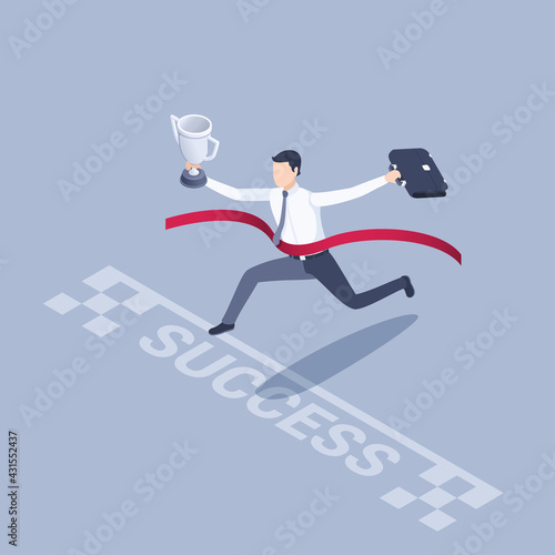 isometric vector illustration on a gray background, a man in business clothes with a briefcase and a trophy runs first to the finish line through a red ribbon