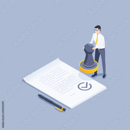 isometric vector illustration on gray background, document approval, man in business clothes with a stamp in his hands near a paper document and a pen