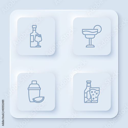 Set line Wine bottle with glass, Cocktail, shaker lime and Beer and. White square button. Vector