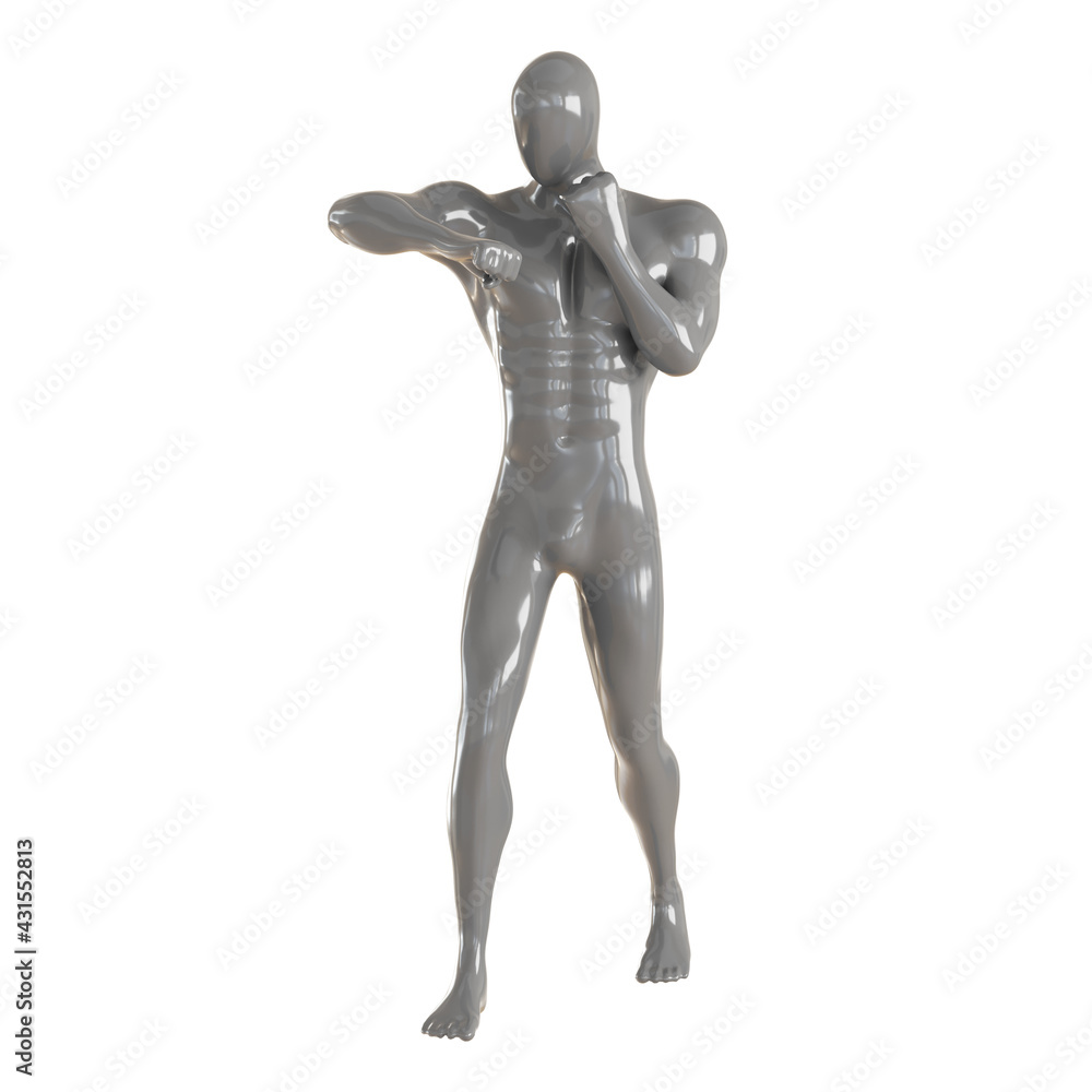 A gray male faceless mannequin stands with his hands in fists at face level. Fighting pose. 3d rendering