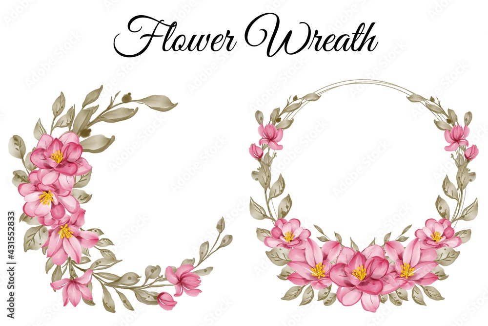 set of flower wreath pink watercolor illustration