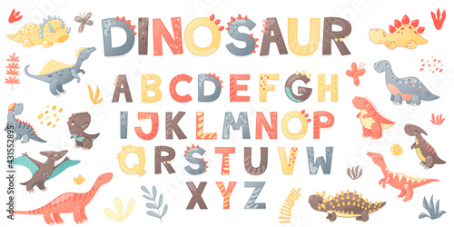Cartoon cute Dinosaur alphabet. Dino font with letters . Children Vector illustration for t-shirts, cards, posters, birthday party events, paper design, kids and nursery design