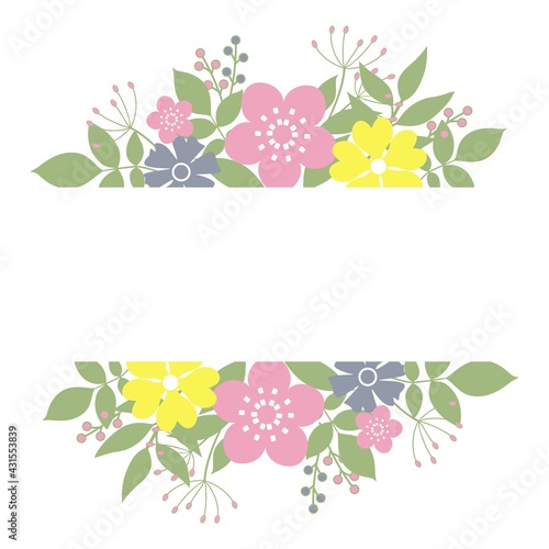 Floral frame with flowers, branches and leaves. Illustration in doodle style with botanical elements. Design for card or invitation.