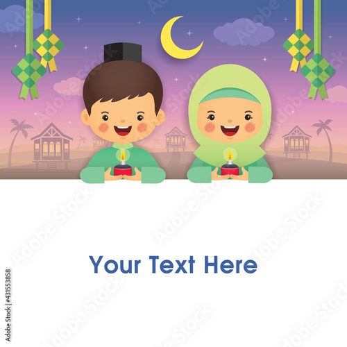 Hari Raya Aidilfitri greeting template design or copy space. Muslim kids holding pelita oil lamp with ketupat with malay kampung wooden house background. Eid Mubarak flat vector illustration.