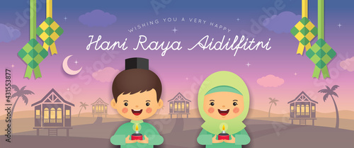 Hari Raya Aidilfitri banner design. Muslim kids holding pelita oil lamp celebrate festival. Ketupat & malay kampung wooden house night landscape background. Eid Mubarak flat vector illustration.