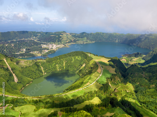 Nature landscape paradise. Azores, european holiday travel destinations. Drone aerial view of volcanic landscape. Sao Miguel island with amazing lagoons from above