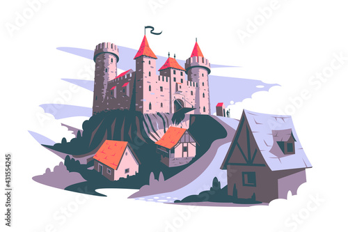 Medieval castle on hill vector illustration. Tower building, architecture ancient history flat style. Middle ages art and history concept. Isolated on white background