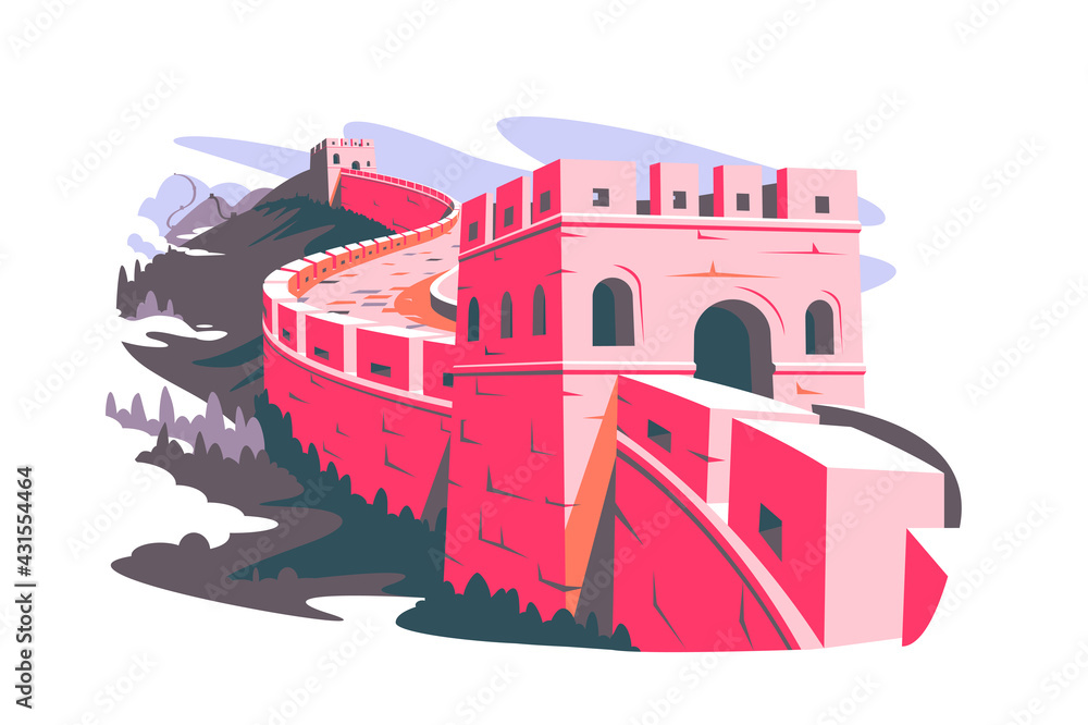 Great wall of china vector illustration. Chinese famous landmark with watchtowers and wall sections on mountains flat style. Culture, travel and tourism concept. Isolated on white background
