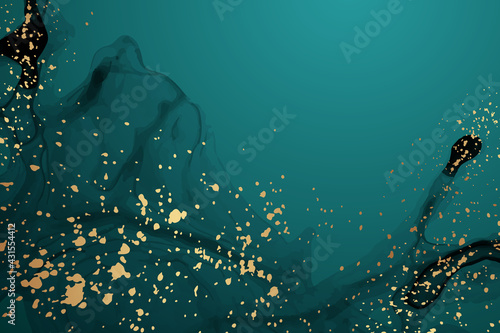 Modern watercolor background or elegant card design for birthday invite or wedding or menu with abstract green ink waves and golden splashes. Colored with overlay layers, easy to recolor.