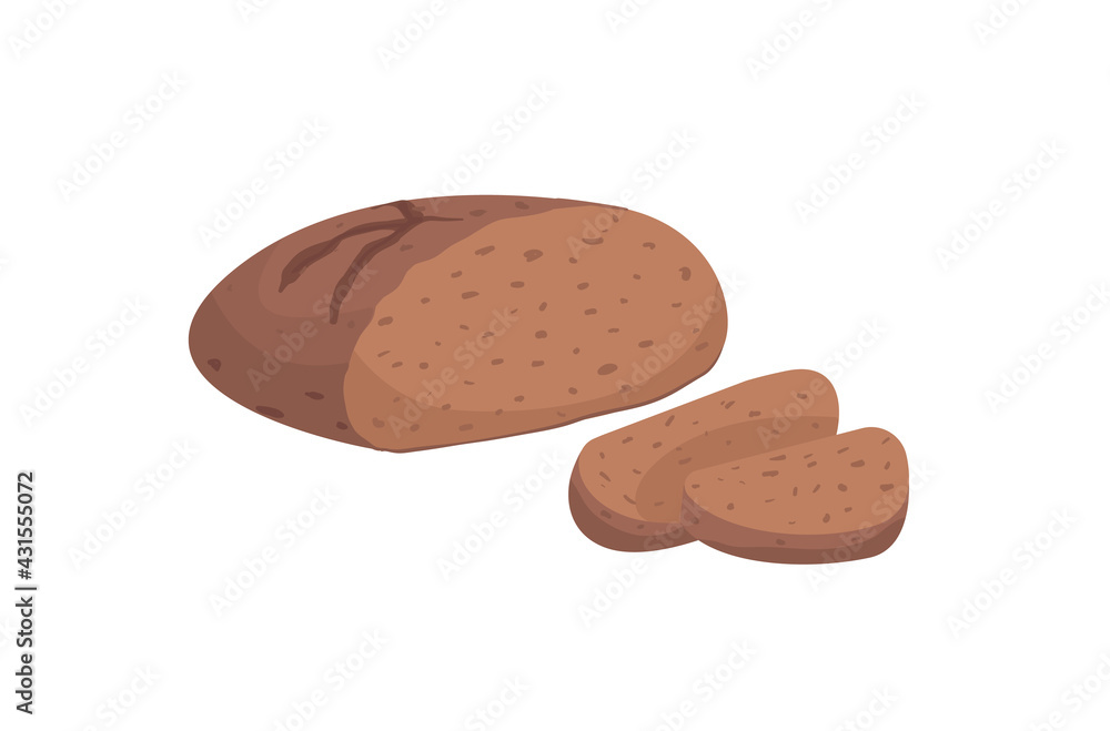 Rye bread. slices of bread on a white background Loaf, rye, whole grain. Bakery products. Food, cartoon style. Isolated object. Vector illustration Rye bread. slices of bread on a white background Loaf, rye, whole grain. Bakery products. Food, cartoon style. Isolated object. Vector illustration
