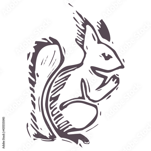 Hand carved bold block print squirrel icon clip art. Folk illustration design element. Modern boho decorative linocut. Ethnic muted natural tones. Isolated rustic vector motif. 