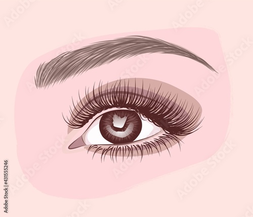 Abstract fashion illustration of the eye with creative makeup. Hand drawn vector idea for business visit cards, templates, web, salon banners,brochures. Natural eyebrows and glam eyelashes