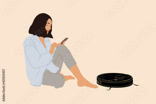 Pretty woman with Smartphone sitting near Black robotic vacuumer. Smart technology concept. Vector illustration