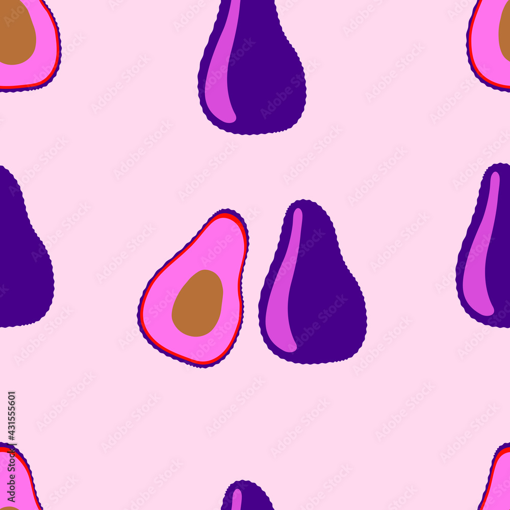 Avocado in pink tones. Seamless pattern for printing textiles, fabrics, decorative pillows. Vector graphics. Avocado in pink tones. Seamless pattern for printing textiles, fabrics, decorative pillows. Vector graphics.