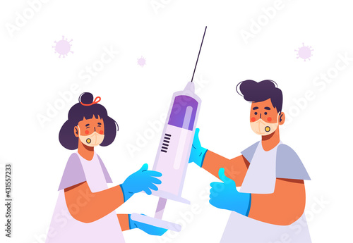 Vaccination during covid-19 pandemic. Big syringe with coronavirus vaccine. Doctor and nurse wearing protective face mask n95 and medical gloves. Double masking. New normal. Isolated vector.