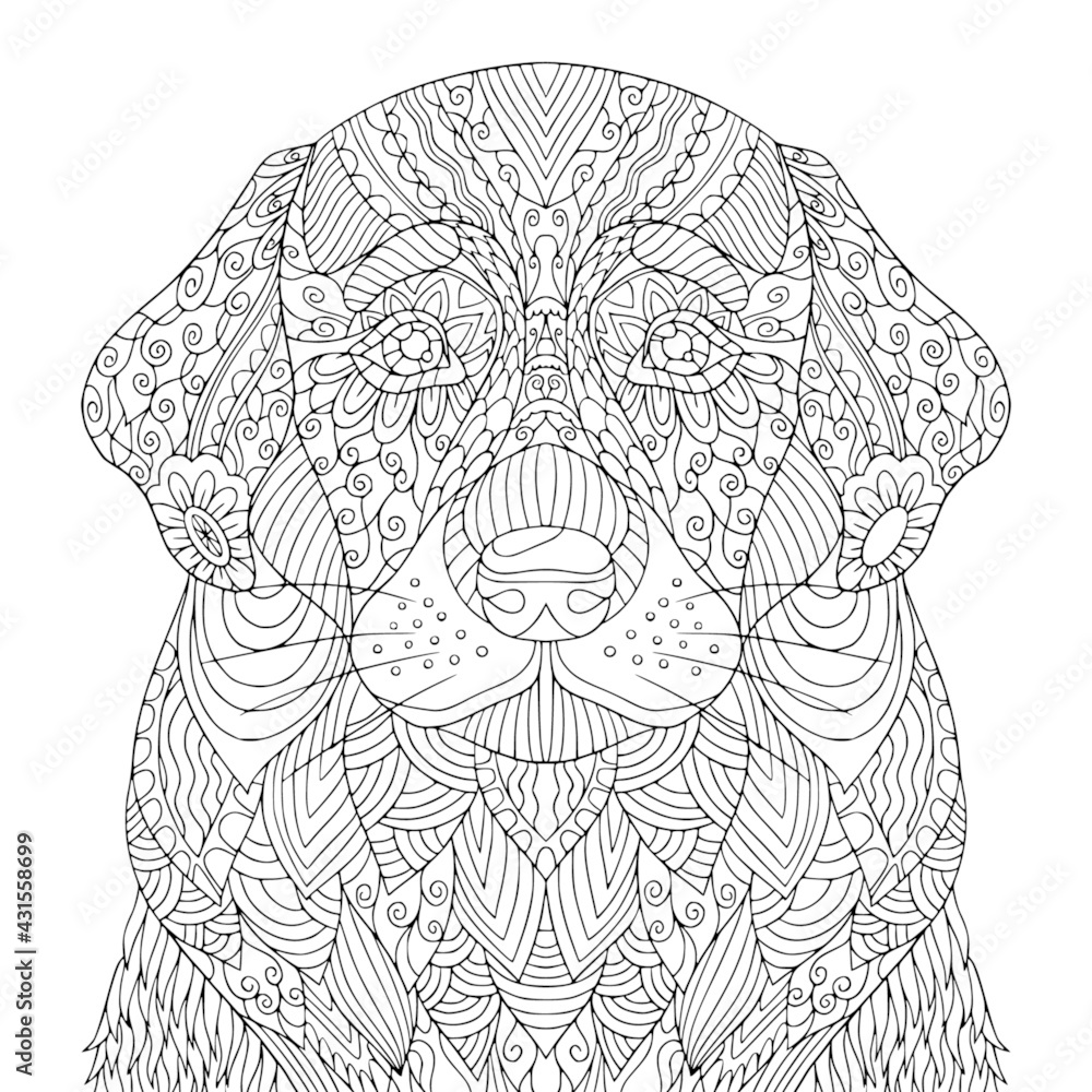 Pretty dog coloring book page for adult. Puppy vector line art with ...
