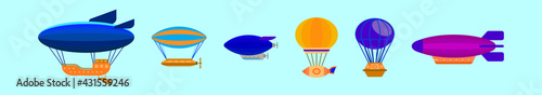 set of dirigible cartoon icon design template with various models. vector illustration isolated on blue background