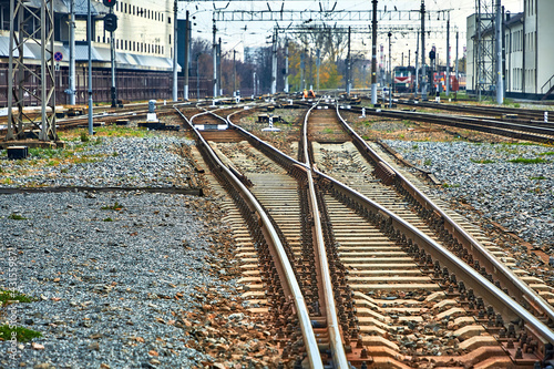 Rails and sleepers. Two railway tracks merge