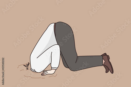 Ignoring problems in business concept. Man Businessman hiding his head in sand escaping from problems over grey background vector illustration 