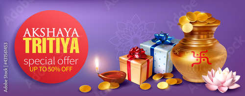 Promotion banner with gold pot (kalash), coins, gifts and diya (oil lamp) for Indian festival Akshya Tritiya. Vector illustration.