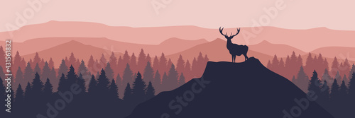 silhouette of a deer on the top of mountain vector illustration good for wallpaper, background and template