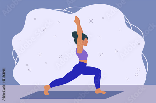 Yoga classes. The girl in the War pose. One of the best Asanas in yoga. Meditation and sports. Vector illustration