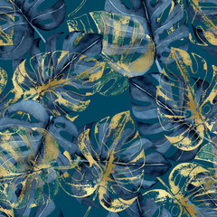Keuken achterwand Blauw goud patronen Watercolor seamless pattern with navy blue and golden tropical leaves on a dark green background, monstera, hand-drawn.  © Outlander1746