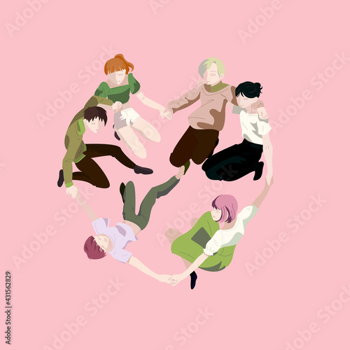 Different types of romantic relationships. Lesbian couple, gay couple, homosexual and heterosexual people. Heart. LGBT people. Vector illustration.
