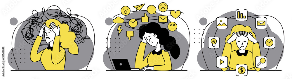 Business woman with emotional disorder, anxiety, frustration, mental disorder. Stress at work. Loading hard work. Emotional burnout. Businesswoman with a nervous problem. Set of vector flat style