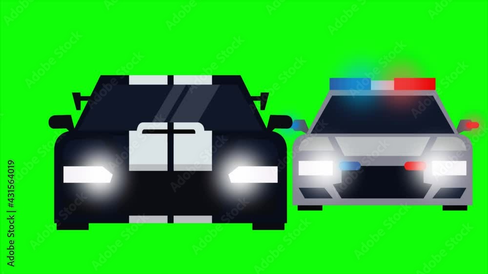 Cop car is chasing an intruder car. Animation video clip with green screen background. Cop car is chasing an intruder car. Animation video clip with green screen background.