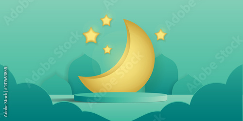 Eid mubarak studio background vector 3d. podium platform for ramadan products etc. podium display in green.
