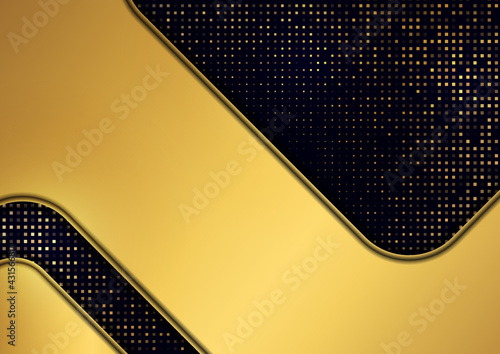 Bright halftone dots and golden geometric shapes on a dark background. Luxury poster background template. 3D advertising modern graphic design. Vector