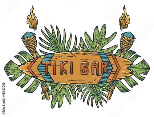 Design of trendy hawaii surf for tiki bar. Traditional ethnic surfing of hawaiian, maori or polynesian. Old tribal board