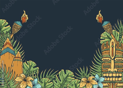 Design of trendy hawaii surf for tiki bar. Traditional ethnic surfing of hawaiian, maori or polynesian. Old tribal board