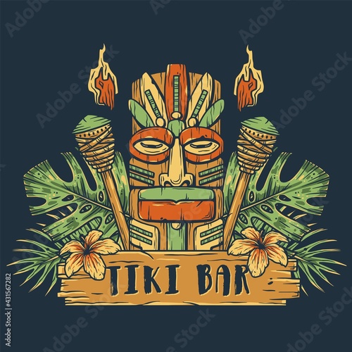 Design of trendy hawaii wooden tiki mask for surfing bar. Traditional ethnic idol and hawaiian surf, maori or polynesian. Old tribal totem