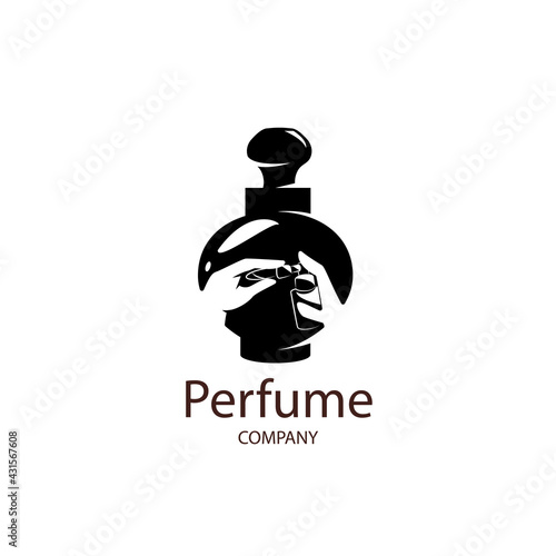 bottle of perfume, inside it, in a negative space, human hands