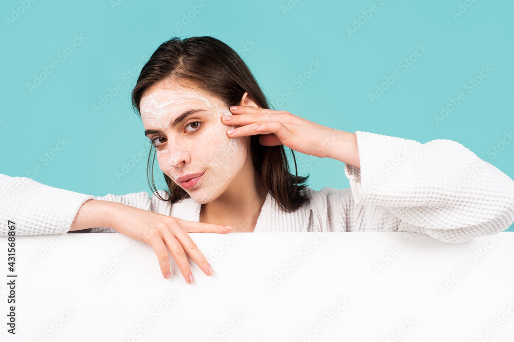 Moisture for skin Beautiful girl model with facial mask cream, isolated. Banner with copy space, empty space. Moisture for skin Beautiful girl model with facial mask cream, isolated. Banner with copy space, empty space.